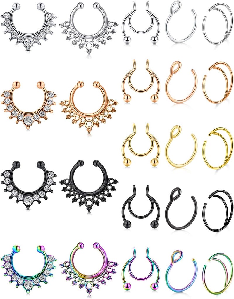 D.Bella Fake Septum Hoop 20G Faux Nose Piercing Hoop Clip on Nose Rings Non Piercing Fake Septum Lip Ear Ring Faux Body Piercing Jewelry for Women Men - Image 2